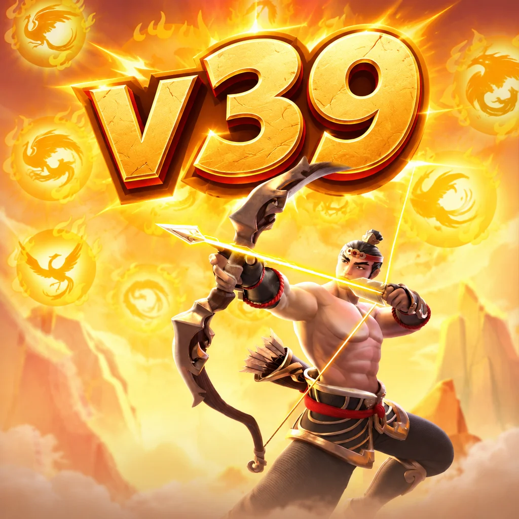 v39 Legend of Hou Yi menampilkan pemanah mitologi membidik panah dengan latar belakang bola api matahari