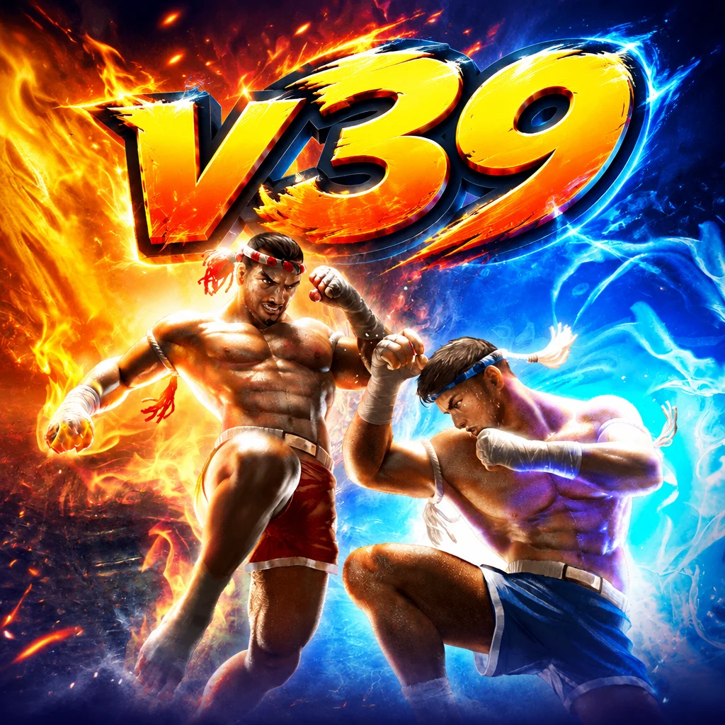v39 Muay Thai Champion memperlihatkan pertarungan dua petarung dengan efek elemen api dan es